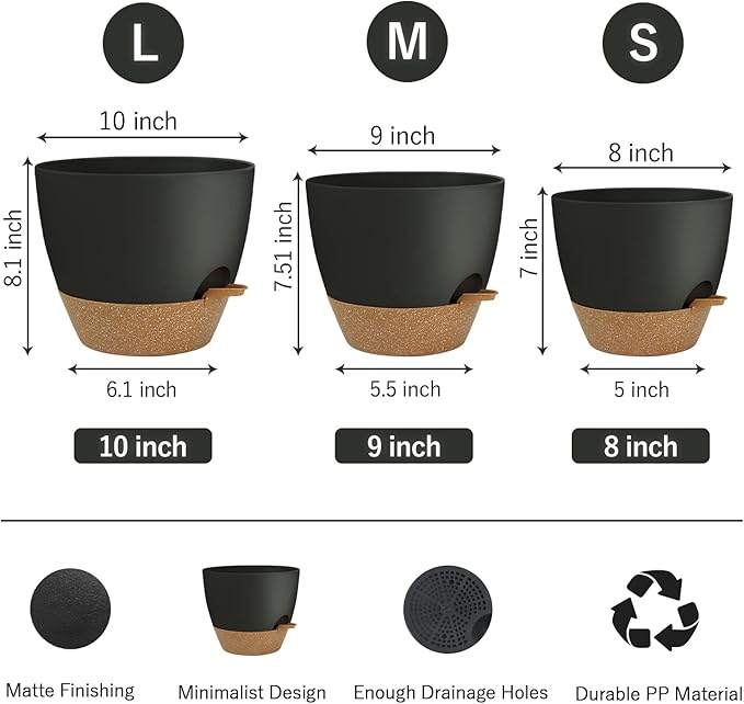 UUBEMM Self Watering Planters with Drainage Holes, Set of 3 Plastic Plant Pots with Deep Reservoir for Indoor Outdoor Garden Flowers Plants,10+9+8 Inch (Black)