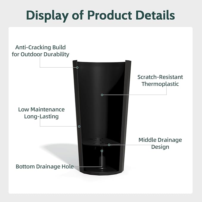 2PCS Tall Planters for Outdoor Plants, 23.6 Inches Large Outdoor Conical Flower Pots for Porch with Drainage Holes and Drainage Baffle, Tapered Large Planters for Garden, Balcony Use, Black