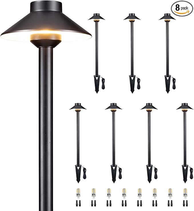 Gardenreet Brass Low Voltage Path Lights - 12V LED Landscaping Pathway Lamp IP65 Waterproof, Wired Walkway Lighting Outdoor, Black for Lawn Backyard with 3W 4000K Neutral White G4 Bulb (8 Pack)
