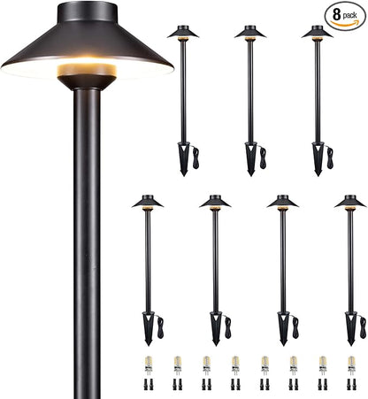 Gardenreet Brass Low Voltage Path Lights - 12V LED Landscaping Pathway Light IP65 Waterproof, Wired Walkway Lighting Outdoor, Black for Lawn Area Backyard with 3W 2700K Warm White G4 Bulb (8 Pack)