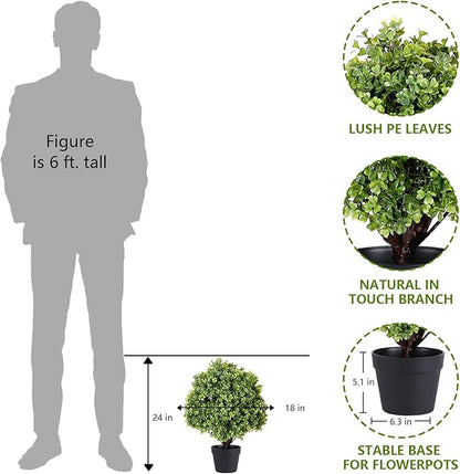 24" Faux Boxwood Plants Outdoor, Artificial Topiary Ball Trees Set of 2, UV Resistant Fake Potted Evergreen Realistic Greenery Bushes Shrubs for Outside Front Porch Planter Patio Indoor Decor 2ft Tall