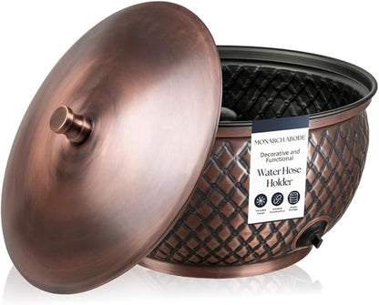 Monarch Abode Garden Hose Holder with Lid – Decorative Water Hose Holders for Outside, Diamond Embossed Metal Antique Copper Pot with Drainage, 100ft Waterhose Holder for Outside, Garden Storage Caddy