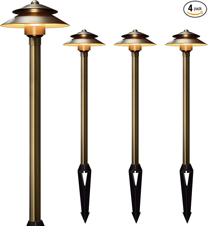Gardencoin Solid Brass Low Voltage Landscape Pathway Lights (6'' Shade, 19'' Tall), 12V LED Heavy Duty Path Lighting Outdoor Wired, Waterproof Antique Bronze Walkway Light Without G4 Bulb, 4 Pack
