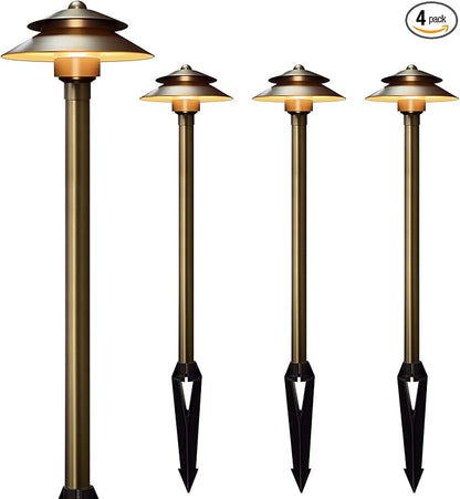 Gardencoin Solid Brass Low Voltage Landscape Pathway Lights (6'' Shade, 19'' Tall), 12V LED Heavy Duty Path Lighting Outdoor Wired, Waterproof Antique Bronze Walkway Light Without G4 Bulb, 4 Pack
