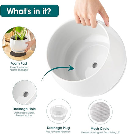 vancasso 3-Pack Ceramic Plant Pots, 7.3/9.6/11.6 Inch Indoor Planters with Saucers & Drainage Hole Planter pots for Indoor Plants and Flower, White