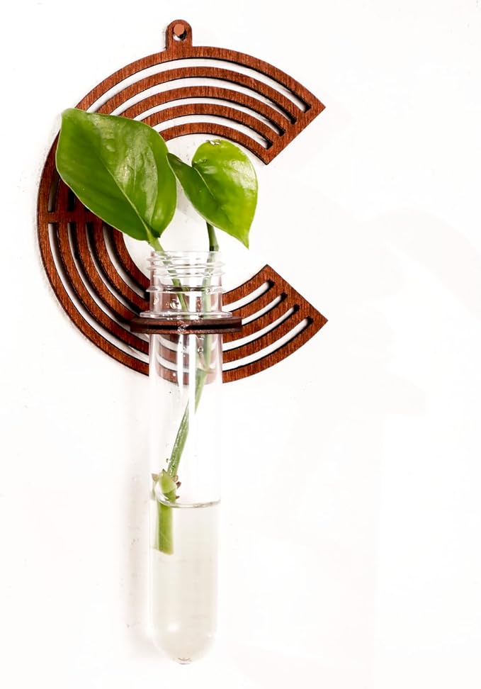 Wood Letter Wall Planter Terrariums Propagation Station with Test Tube Clear Flower Vase for Hydroponics Custom Vertical Garden Walnut DIY Home Decor Hanging Plant Holder Alphabet C