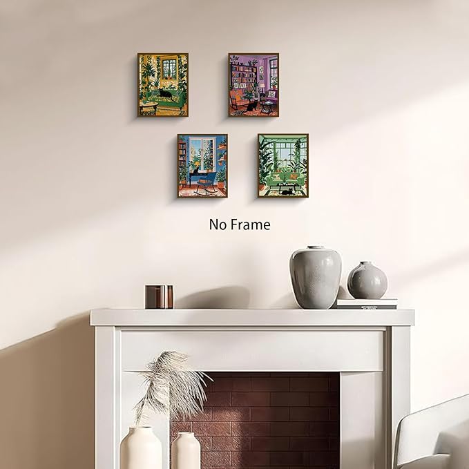 NIIORE Botanical Garden Living Room Wall Art, Black Cat and Plants Reading Room Home Decor, 4 Piece Canvas Prints 8 x 10 Inches Unframed