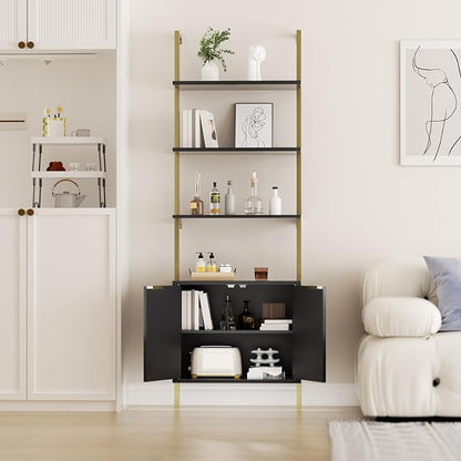Ladder Bookshelf with Cabinet, 71" Tall Wall Mounted Bookcase with Shelves & Storage, Fluted Ladder Shelf with Metal Frame, 5-Tier Display Rack for Living Room, Home & Office, Bedroom, Black & Gold