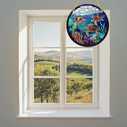 Acrylic Stained Window Hanging Turtle Acrylic Decoration for Indoor Outdoor Home Bar Office Garden Plastic Ornament Decor 12x12 Inch