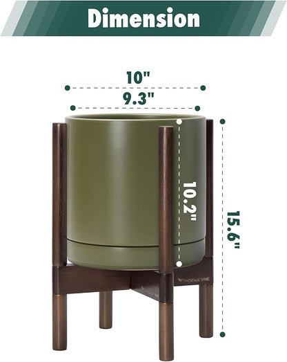 D'vine Dev Ceramic Planter with Walnut Color Stand - 10 Inch Modern Round Flower Pot with Wood Planter Holder, Olive, 55-B-X-J