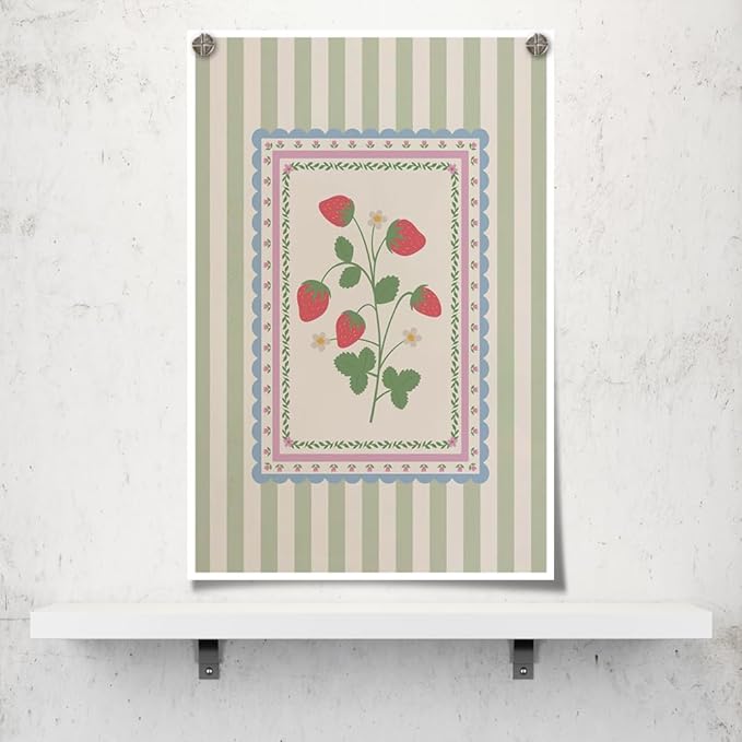 Vintage Green Striped Strawberry Canvas Prints Painting Trendy Botanical Flowers Posters Cute Fruit Cottagecore Wall Art Farmhouse Boho Aesthetic Pictures Decor for Kitchen Bedroom 24x36inch Unframed
