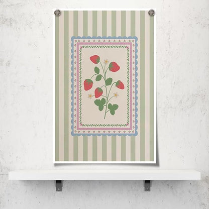 Vintage Green Striped Strawberry Canvas Prints Painting Trendy Botanical Flowers Posters Cute Fruit Cottagecore Wall Art Farmhouse Boho Aesthetic Pictures Decor for Kitchen Bedroom 24x36inch Unframed