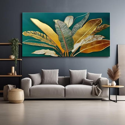 IDAFU Green Leaf Wall Art, Green and Gold Leaves Wall Painting, Emerald Green Tropical Botanical Décor Canvas Prints, Abstract Sage Boho Painting for Office Home Décor, Ready to Hang 60L x 30W