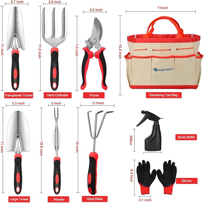 Yesker Gardening Tools 9-Piece Heavy Duty Garden Tool Set Gardening Supplies Gifts for Women Men Gardening Hand Tool Kit with Non-Slip Ergonomic Handle, Garden Bag, Durable Gloves, Spray Bottle, Red