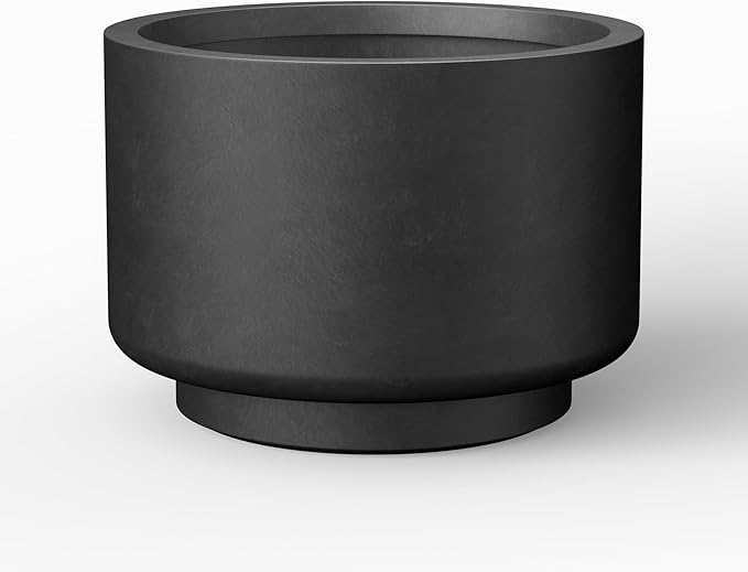 Kante 10 Inch Dia Concrete Planter, Round Pedestal Design Garden Pot for Indoor Outdoor Plants, Modern Flower Pot with Drainage Hole and Rubber Plug, Black