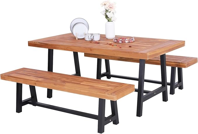 Sophia & William Acacia Wood Patio Dining Set with 1 Table and 2 Benches for 6, Oil Finished Tabletop and Spray Painted Legs, 3 Pieces Patio Dining Furniture for Porch Backyard, Teak and Black