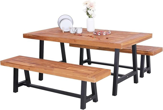 Sophia & William Acacia Wood Patio Dining Set with 1 Table and 2 Benches for 6, Oil Finished Tabletop and Spray Painted Legs, 3 Pieces Patio Dining Furniture for Porch Backyard, Teak and Black
