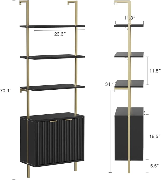 Ladder Bookshelf with Cabinet, 71" Tall Wall Mounted Bookcase with Shelves & Storage, Fluted Ladder Shelf with Metal Frame, 5-Tier Display Rack for Living Room, Home & Office, Bedroom, Black & Gold