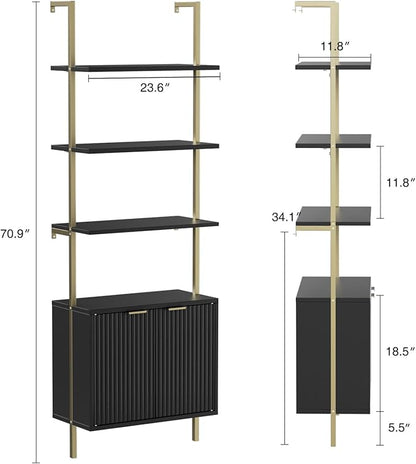 Set of 2 Ladder Bookshelf with Cabinet, 71" Tall Bookcase with Shelves & Storage, Fluted Ladder Shelf with Metal Frame, 6-Tier Display Rack for Living/Bedroom, Home & Office, Black & Gold