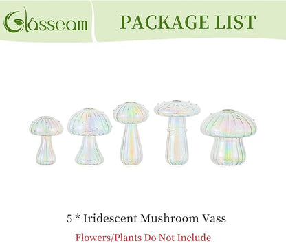 Glasseam Mushroom Propagation Stations for Plants: Iridescent Propagation Vase of 5 Glass Hydroponic Jars for Home Room Window Table - Unique Mushroom Decor Gifts for Plant Lovers