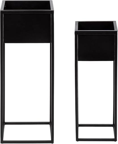 Kate and Laurel Palade Modern Two-Piece Metal Outdoor Planter Set; 2 Piece Set; Black; Metal Indoor or Outdoor Planters with Geometric Base for Patio Plant Decor