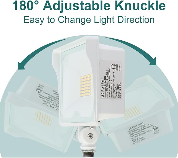kadision 55W White LED Flood Light with Dusk-to-Dawn Photocell, 3000K/4000K/5000K Selectable, 120V 6600lm IP65 Waterproof Knuckle Mount Outdoor Security Lights, ETL Listed 4-Pack
