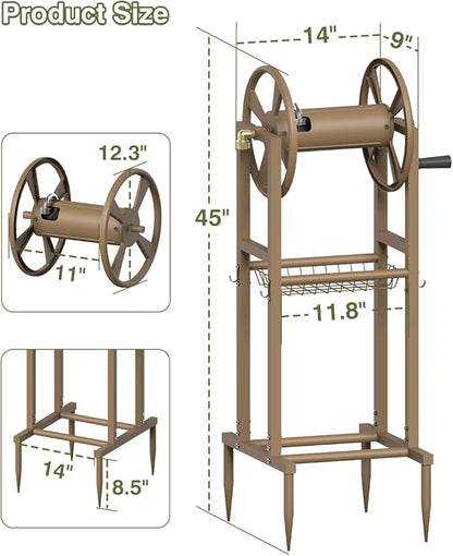 Freestanding Garden Hose Reel holds 125ft Hose of 5/8" with 4 Hooks, 4-Spike Outdoor Hose Holder with 3.9ft Leader Hose & Brass Fitting, Detachable Metal Hose Stand with Storage Rack, Brown