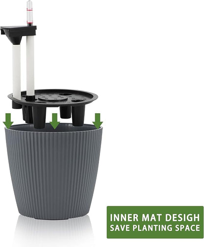 Dexceder 13x12 Self Watering Planters Indoor, Inner Mat Design, Floor Standing Flower Plant Pot with Water Level Indicator (2 Pack, Gray)
