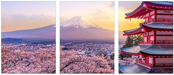 AoArtWZ Mount Fuji Canvas Wall Art Kyoto Cherry Blossom Japanese Landscape Pictures Print Artwork for Home Office Living Room Decor Framed 12" x 16" x 3Pcs