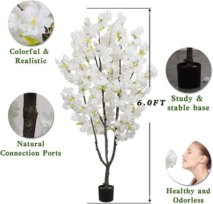 Faux White Cherry Blossoms Tree 6FT Flowering Tree Artificial Cherry Blossom Tree for Bedroom Home Christmas New Year Decor
