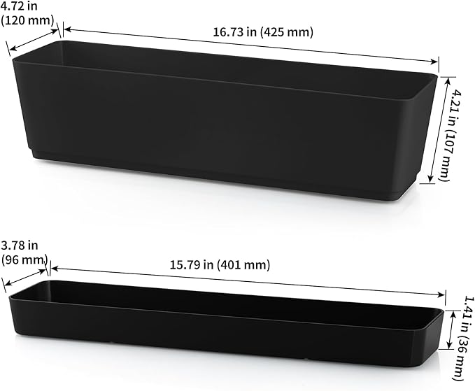 Skelang 2 Pcs Rectangular Plant Pot, 16.7" Flower Planter Box with Drainage Hole, Windowsill Container with Tray for Succulents, Herbs, Cacti, Black