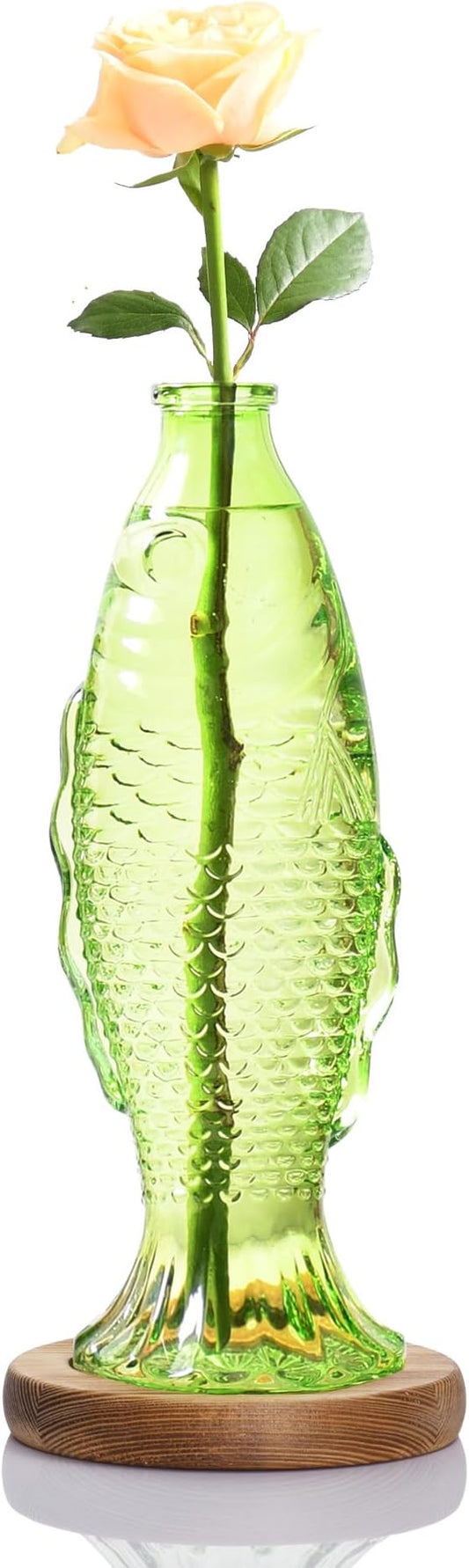 Nacome Fish Vase Propagation Stations: Glass Plant Terrarium with Wooden Stand for Home Office Desk Decor, Unique Gifts for Plant Lovers Women Mom (Green)