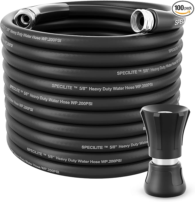 SPECILITE 5/8" Hot/Cold Water Hose 100 ft with High Flow Nozzle,Heavy Duty Flexible Rubber Garden Hose -50℉ to 158℉ With 3/4" Stainless Steel Fittings for Yard, Outdoor, Farm, Lightweight, Black