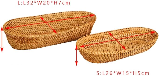 i-lan Set of 2 Oval Rattan Bread Baskets, 13 Inch Handwoven Wicker Basket Long with 2.7” Wall, Decorative Narrow Serving Basket Boho Bowl for Fruit, Food, Snack, Brown, 2-size:S+L