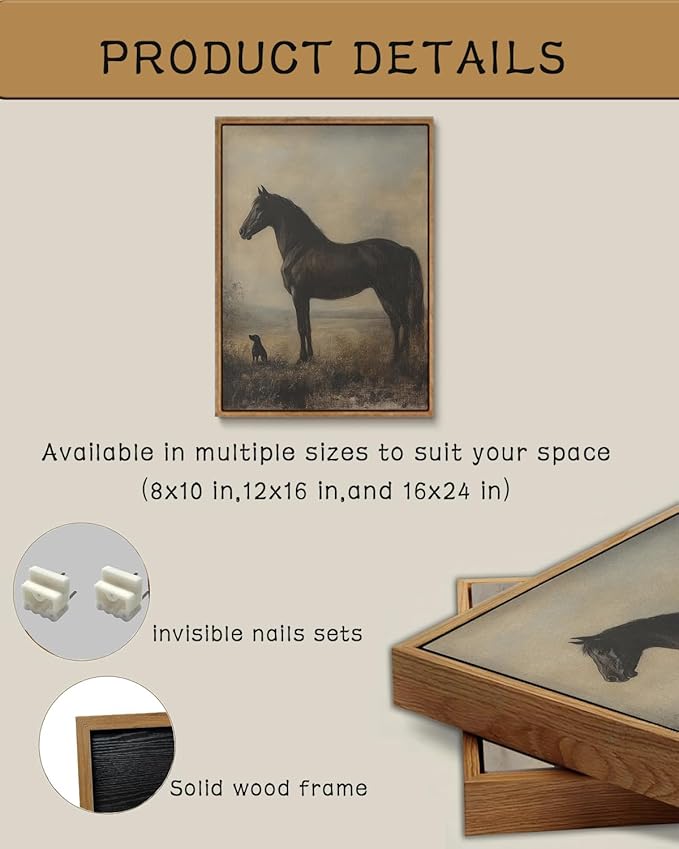 ZZLWBKGL Vintage Horse Framed Wall Art Farmhouse Animal Canvas Wall Art Horse Dog Pictures Wall Decor Rustic Art Prints for Living Room Bedroom Study