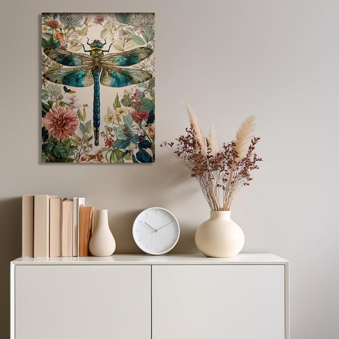 GDSRGXC Vintage Botanical Dragonfly Canvas Wall Art, Turquoise and Gold Insect Print with Floral Background, Nature Home Decor (12''x16'')