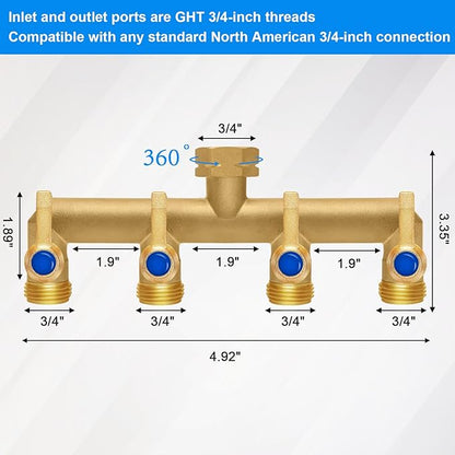 Brass Garden Hose Splitter, 4 Way Hose Splitter, Outdoor Hose Splitter, GHT 3/4 in. Female Inlet and 3 Way 3/4 in. Male Outlet for Regulating and Shutting Off Water Flow