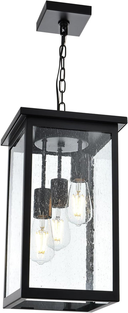TODOLUZ 3-Lights Large Outdoor Pendant Light, Black Porch Ceiling Lighting Fixtures with Seeded Glass Panel, Exterior Hanging Lantern Adjustable Chain for Yard Entryway Patio