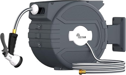 Retractable Garden Hose Reel 1/2"x82 ft, Automatic Hose Reel with 7 Pattern Nozzle, Any Length Lock Wall Mounted &180 Deg Swivel