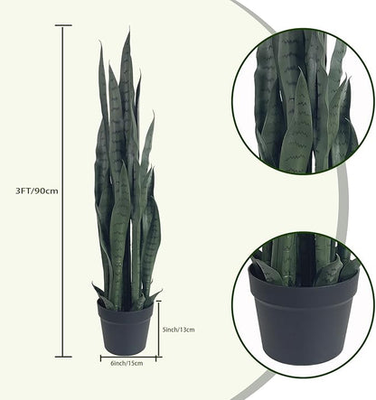 3FT-2PCS Artificial Snake Plant, 24 PVC Lifelike Leaves, 35in Faux Sansevieria for Indoor Home & Garden Decor, Potted Mother-in-Law's Tongue Plants, Green