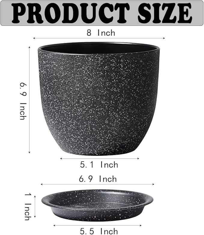 Planters for Garden House Plants, Indoor Outdoor Flower Pots Set with Trays 8 Inch Garden Pots,Plant Pots for Indoor Plants, Speckled Black