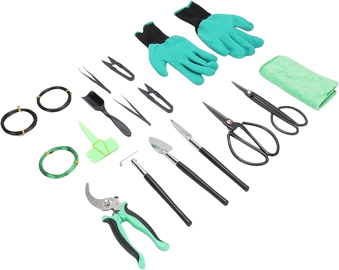 WALFRONT Bonsai Trimming Tools Kit, High Carbon Steel Gardening Set with Pruning Shears, Scissors and Wires for Indoor Bonsai Care