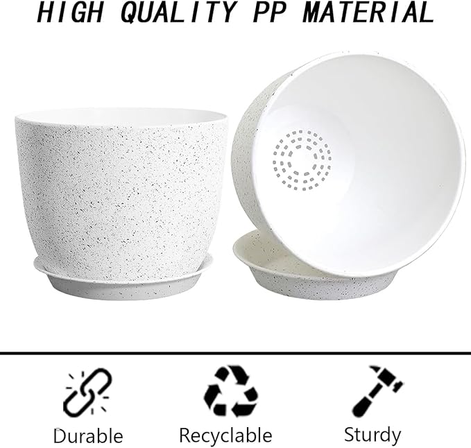 2Pack Large Indoor Planter Pot 12 Inch Plant Pot, Modern Flower Pots for Out Door Plants, Speckled White Plastic Planting Pots with Holes & Trays