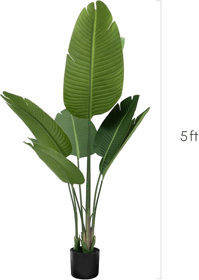 Artificial Travelers Palm Tree 5ft - Faux Tree Nearly Natural Indoor Outdoor, UV-Resistant Tall Artificial Plants, Standing Fake Plant Tree, Bird of Paradise for Home Office Living Room Decor