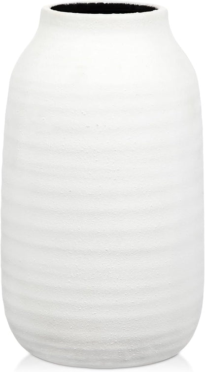 Briful White Ceramic Vase for Pampas Grass – 9.4” Tall Ribbed Modern Vase, Minimalist Farmhouse Table Centerpiece, Boho Home Decor for Dried Flowers, Shelf, Mantel & Entryway Styling