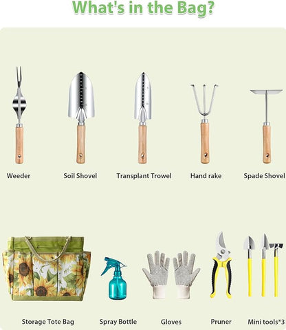 Garden Tools Set 12-Piece, MOSFiATA Gardening Tools Kit with Comfortable Handle, Heavy Duty Soil Shovel, Transplant Trowel, Weeder, Hand rake, Professional Pruner Sprayer Gloves with Organizer Bag