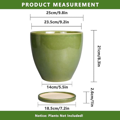 Ceramic Pots for Plants - 10 Inch Planter for Indoor Ourdoor Plants Modern Large Flower Pot with Drainage Hole and Saucer Room Home Office Garden Patio Porch Decor Green
