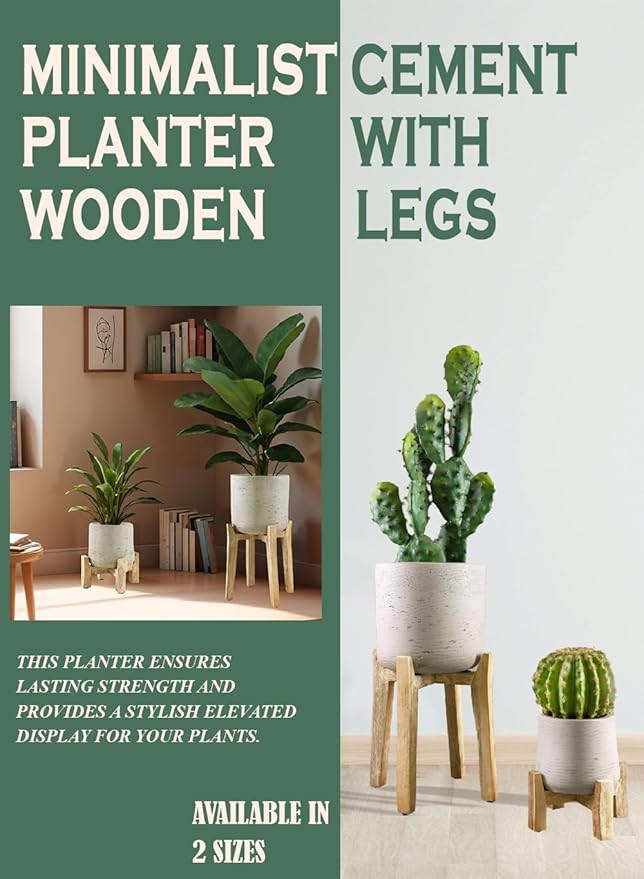 Serene Spaces Living Minimalist Cement Planter with Wooden Legs – Sleek Planter for Succulents, Cacti, Indoor Greenery, Versatile, Durable Plant Pot for Home or Office, 11.5" Diameter & 20.5" Tall