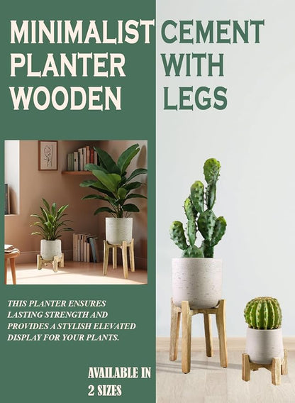 Serene Spaces Living Minimalist Cement Planter with Wooden Legs – Sleek Planter for Succulents, Cacti, Indoor Greenery, Versatile, Durable Plant Pot for Home or Office, 8" Diameter & 9" Tall