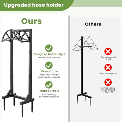 Garden Hose Holder with 4 Spikes, Water Hose Holders for Outside, 150ft Garden Hose Storage Heavy Duty Hose Hanger Metal Hose Stand Detachable Hose Reel Rack Organizer